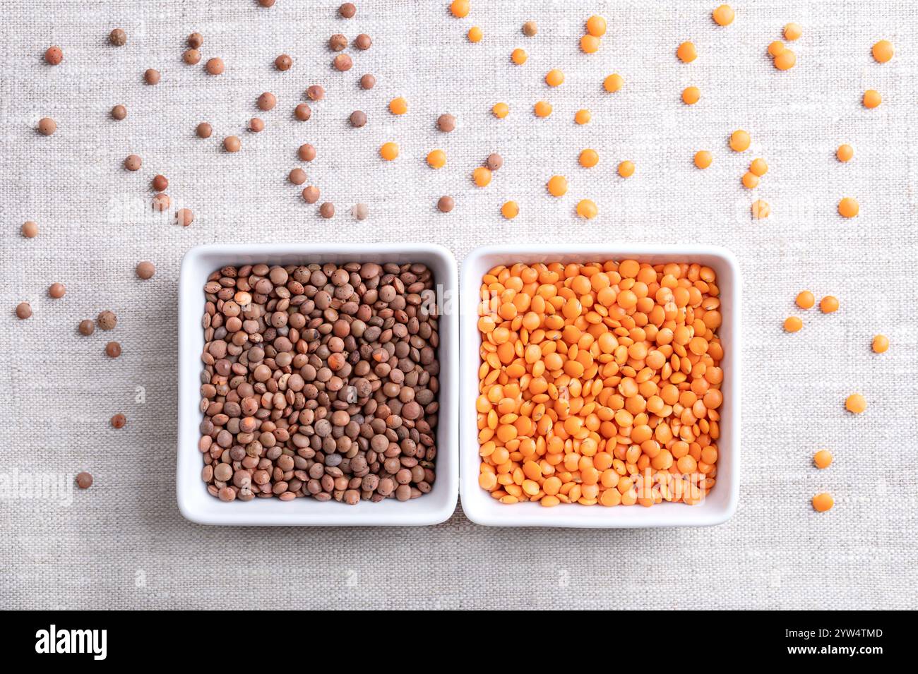 Dried red and brown lentils in square shaped white bowls on linen. Shelled and unshelled mountain lentils with brown seed coats and orange-red seeds. Stock Photo