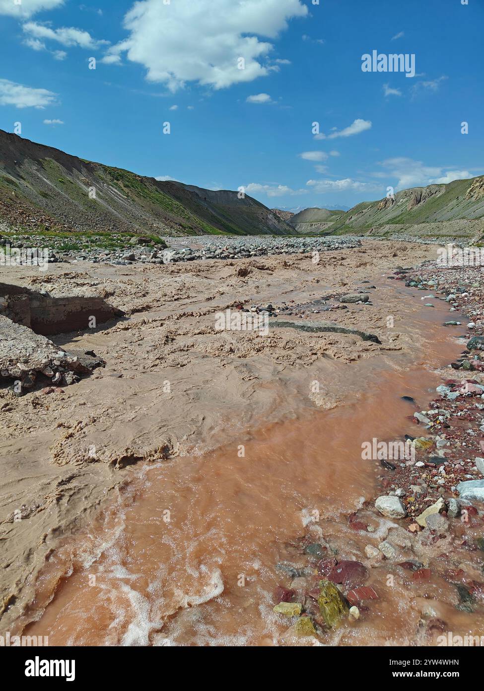 A clear blue sky highlights a river winding through rocky terrain ...