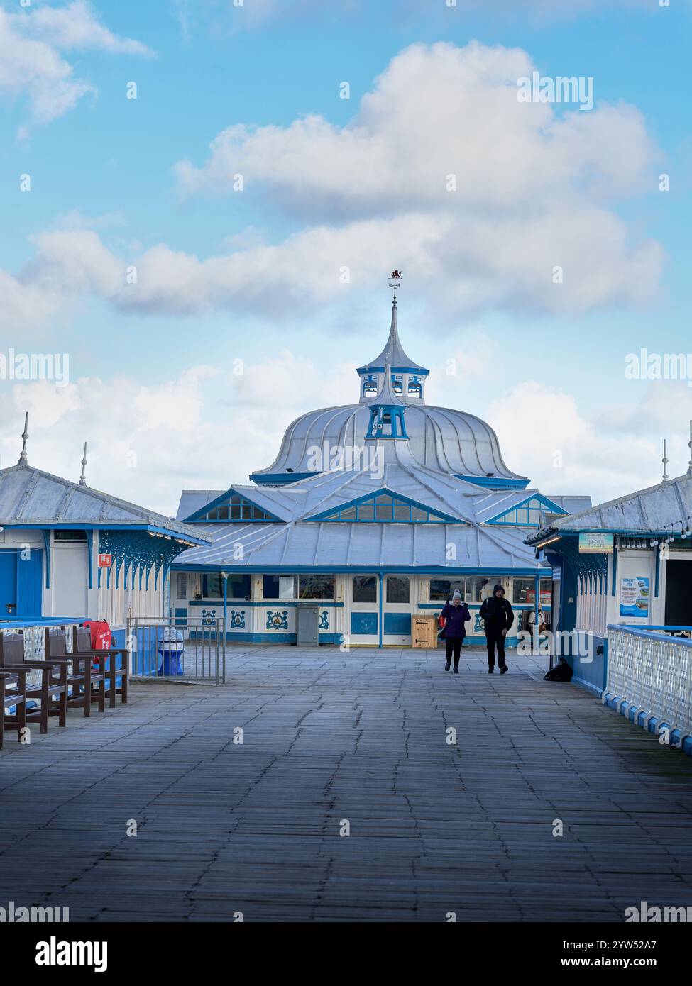 Buildings at the end of the privately owned pier into the Irish Sea at Llandudno, Wales, Stock Photo