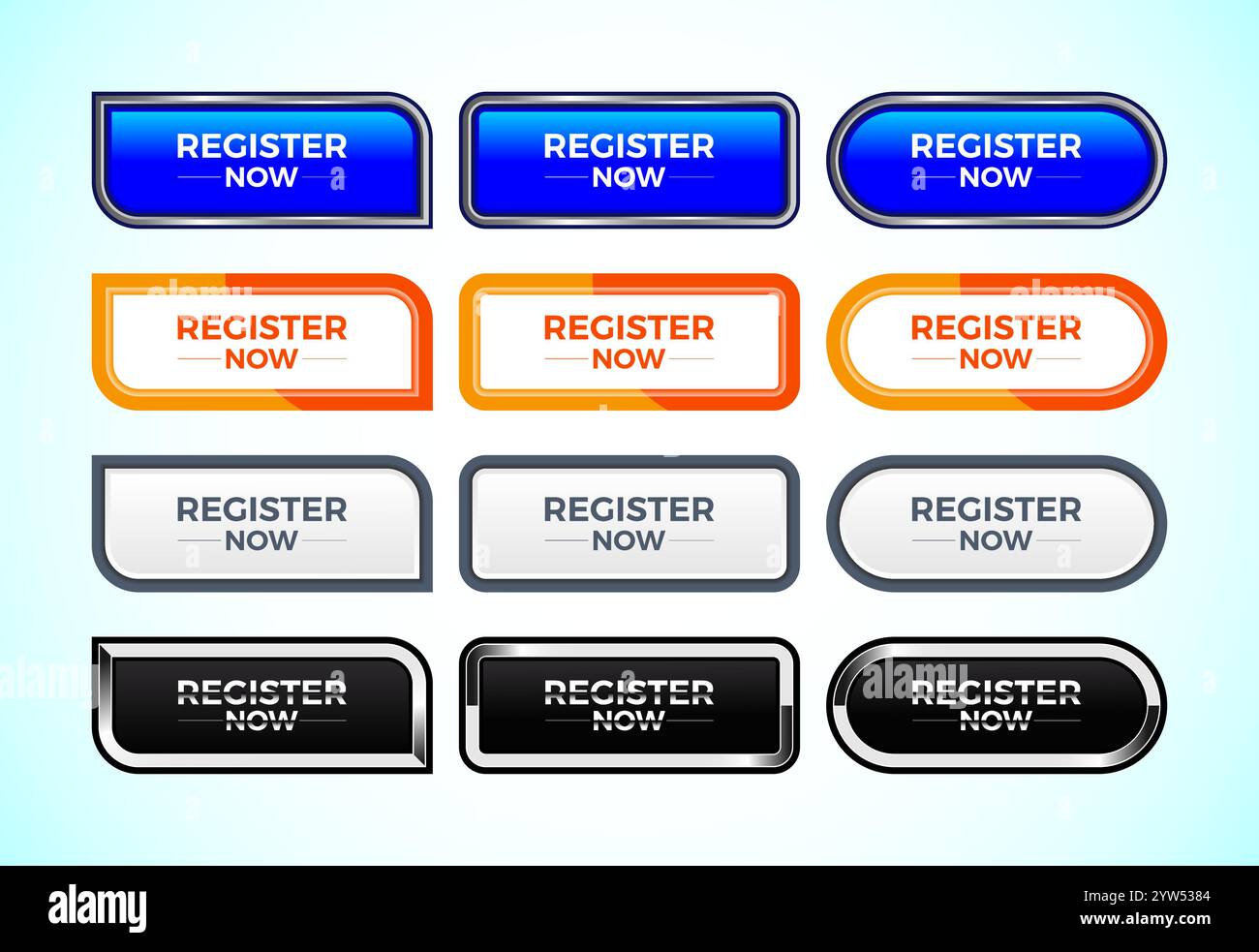 Register Selection Color Register Now button set of different shapes and colors. Suitable for ...