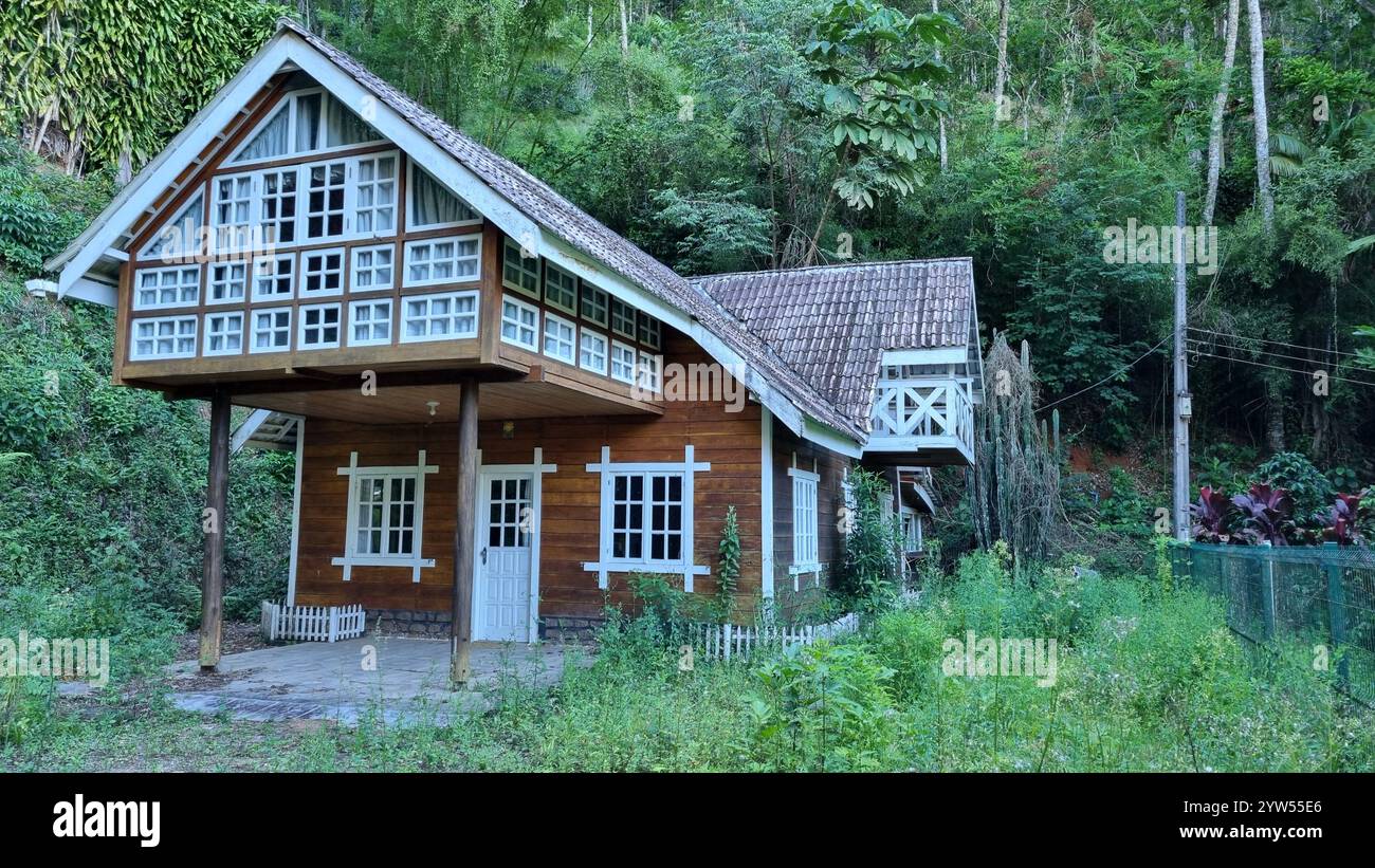 A quaint, wooden chalet nestled amidst a lush, verdant forest. The house, with its charming white trim and exposed wooden beams, exudes a sense of rus - Smartphone Captured Stock Image