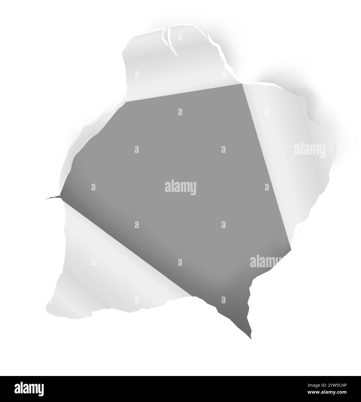 White sheet of paper featuring a large ripped hole, revealing a gray ...