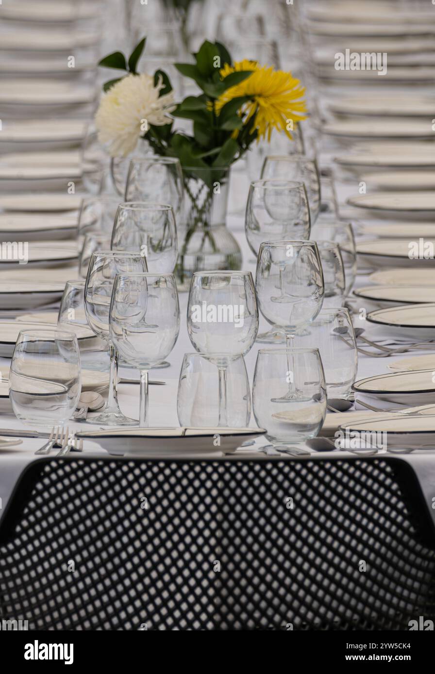 Glasses and plates on long table at wedding reception Stock Photo