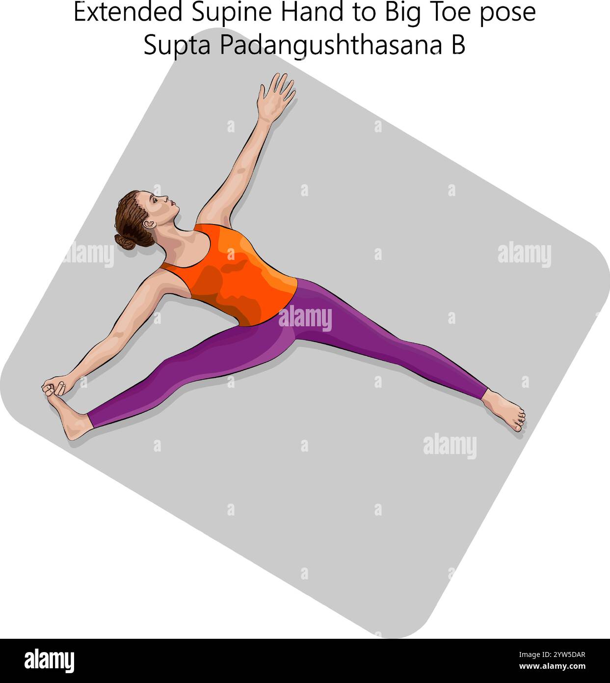 Young woman practicing Supta Padangushthasana B yoga pose.Extended ...
