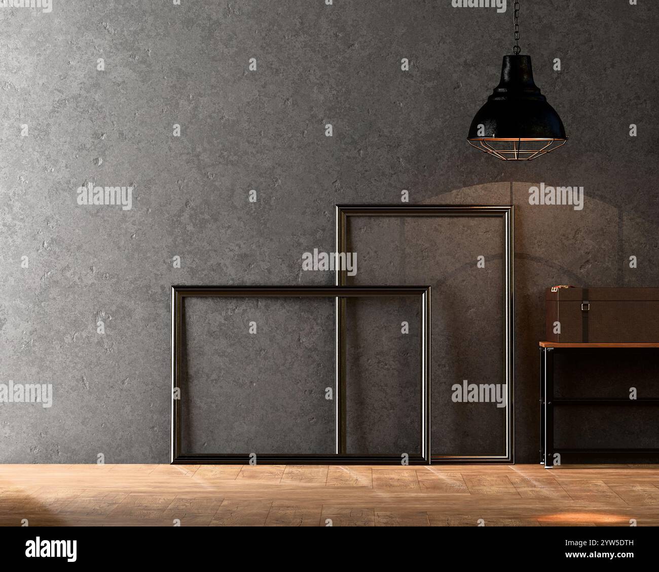 Metal empty painting frames with concrete wall and wooden floor 3d ...