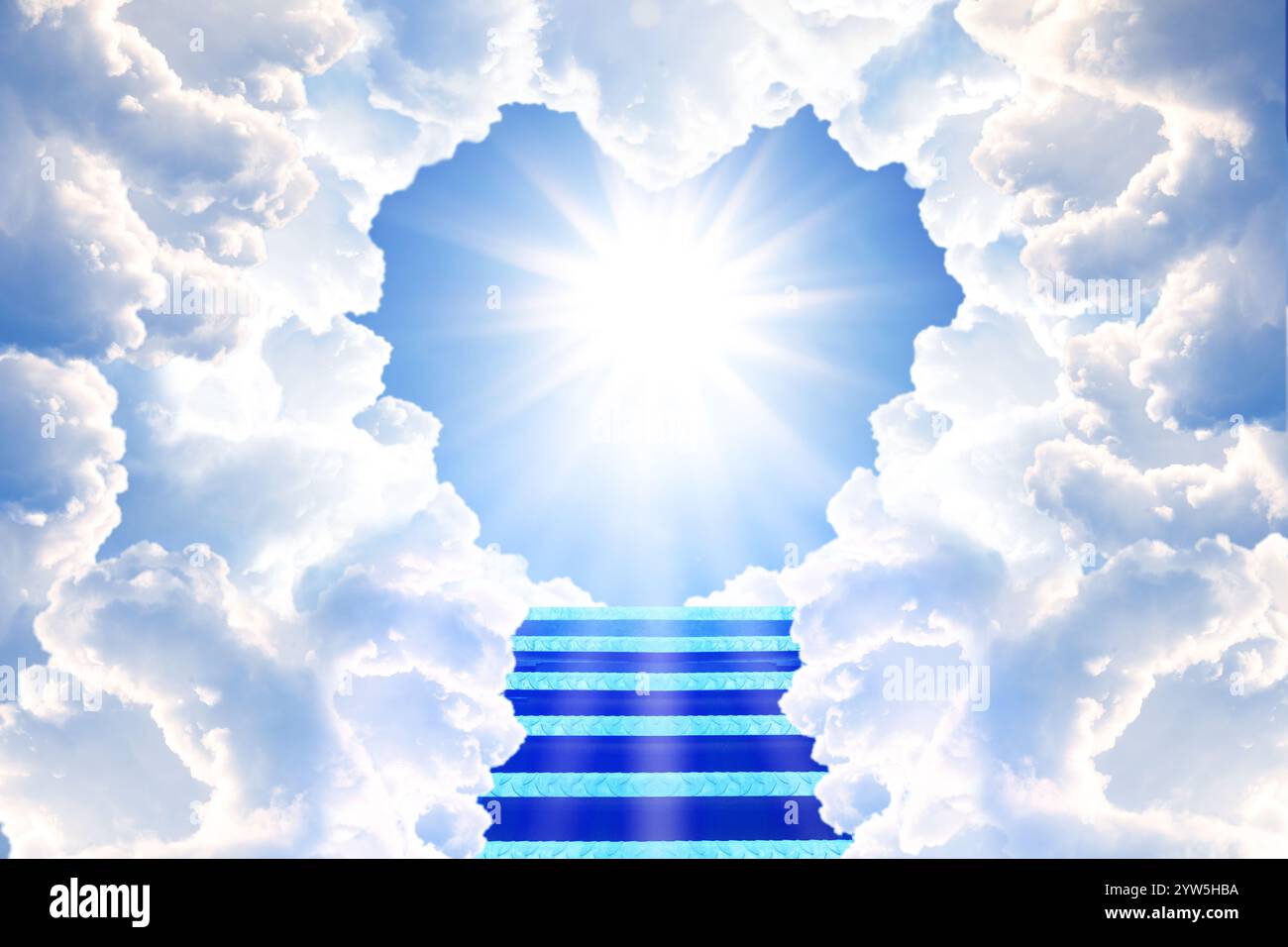 Stairs leading to light in sky through heart shaped gap in clouds. Love of God, concept Stock Photo