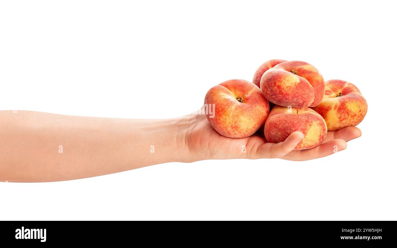 flat peach in hand path isolated on white Stock Photo