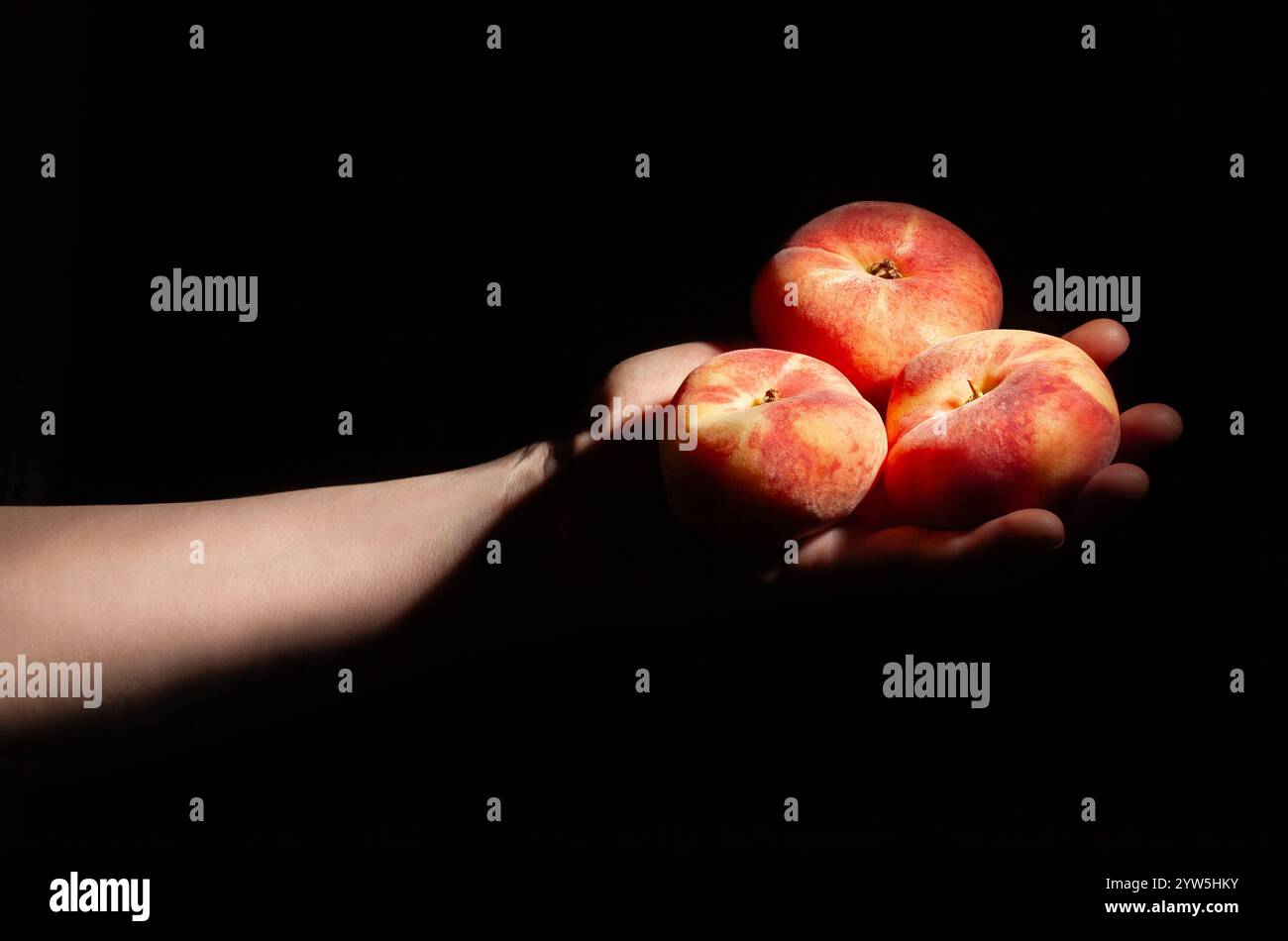 flat saturn peach in hand on black background Stock Photo
