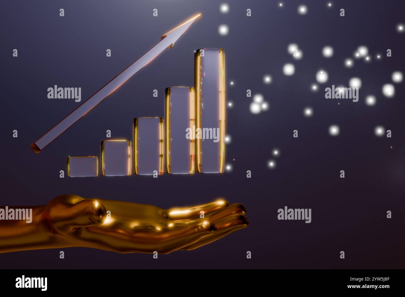 A golden hand holds a rising bar graph, symbolizing growth and success ...