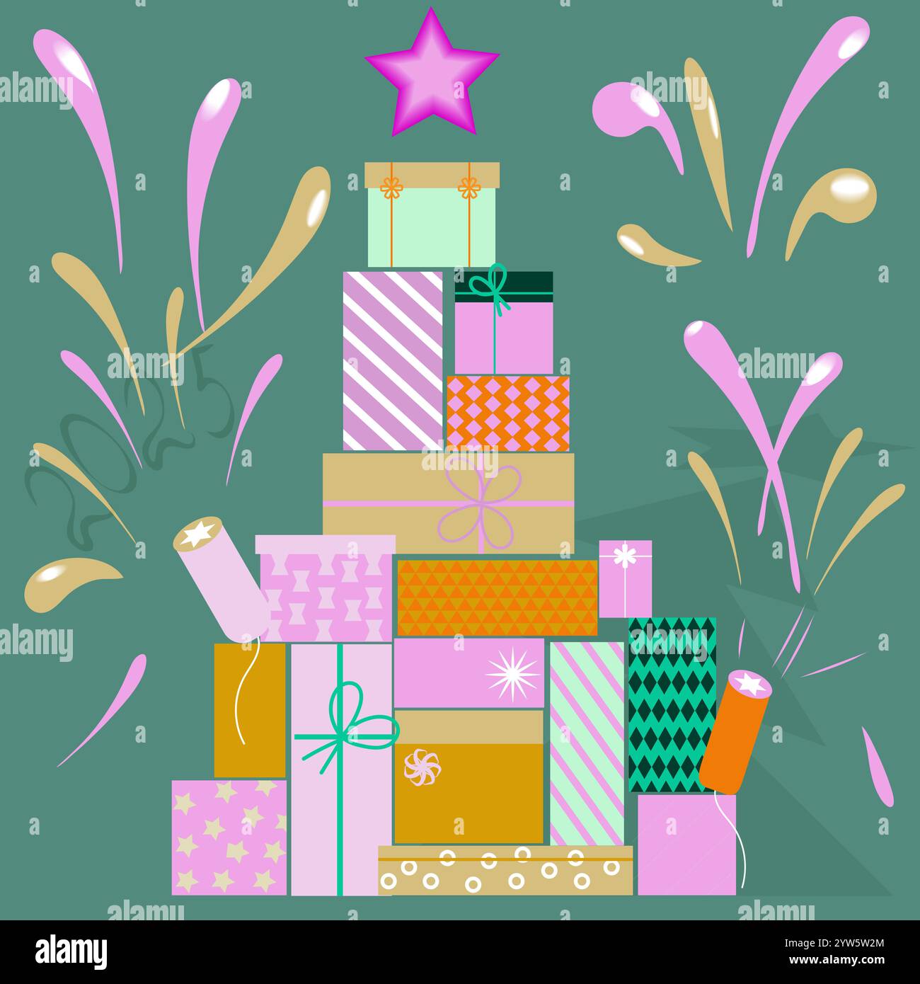 a postcard with a Christmas tree assembled from gift boxes Stock Vector