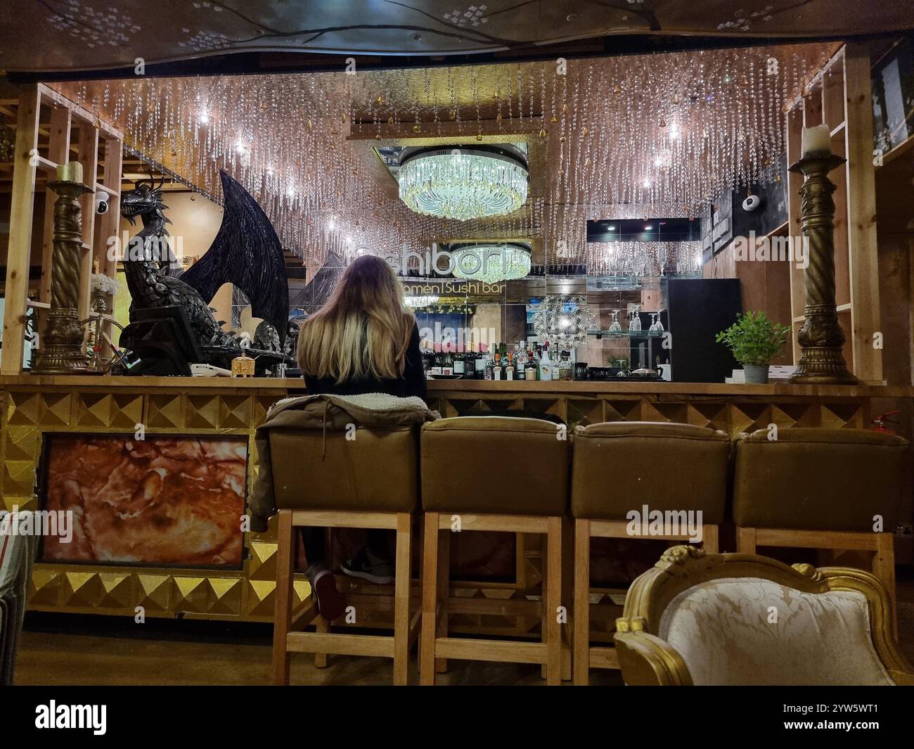 Female, sitting alone at the bar in a richly decorated baroque establishment, seen from the back; possibly concept of loneliness, on my own, etc. - Smartphone Captured Stock Image