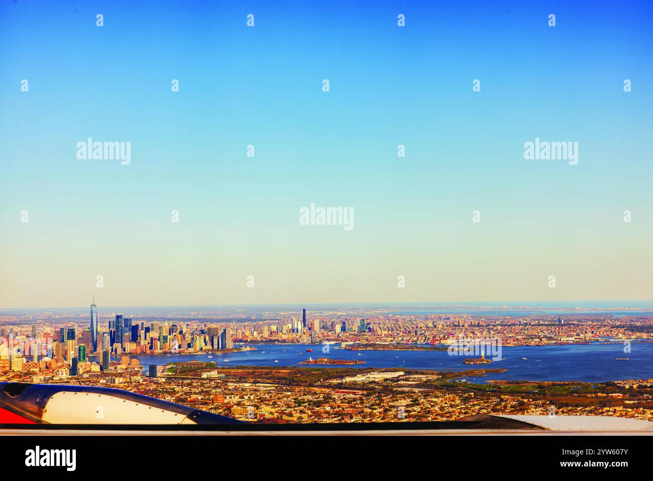 Aerial view of New York City skyline with Statue of Liberty and Hudson ...