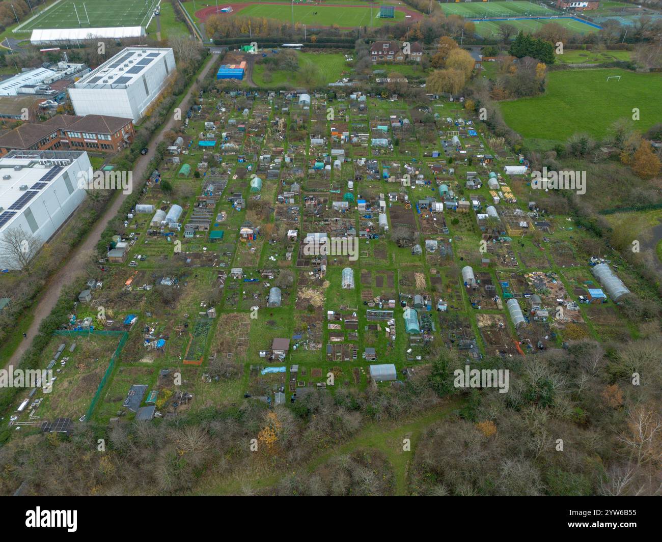 General aerial view of Nursary Lane allotments close to Brunel University, (UB8), Ubridge, UK. Stock Photo