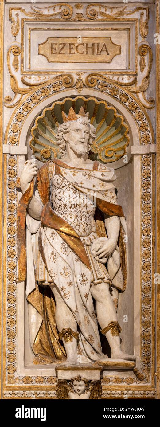 PAVIA, ITALY - SEPTEMBER 8, 2024: The statue of prophet Hezekiah in church Chiesa di Santa Maria di Canepanova by unknown artist Stock Photo