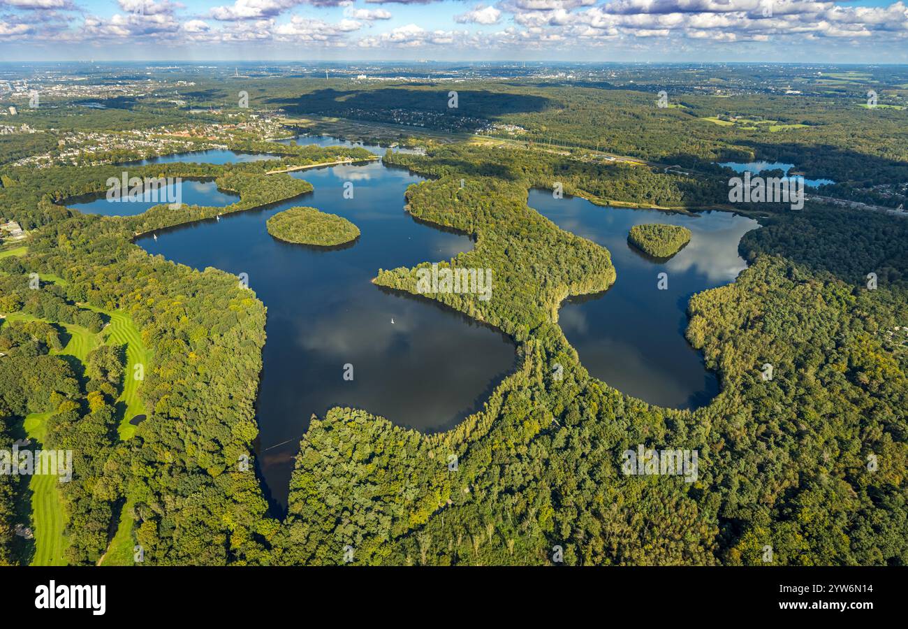 Aerial view, Sechs-Seen-Platte, forest and sailing boat, behind the ...