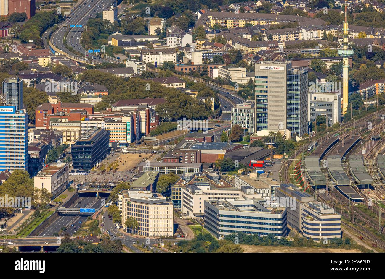 Aerial view, Central station Hbf Deutsche Bahn AG station forecourt, major construction site central station track hall and forecourt east, radio towe Stock Photo