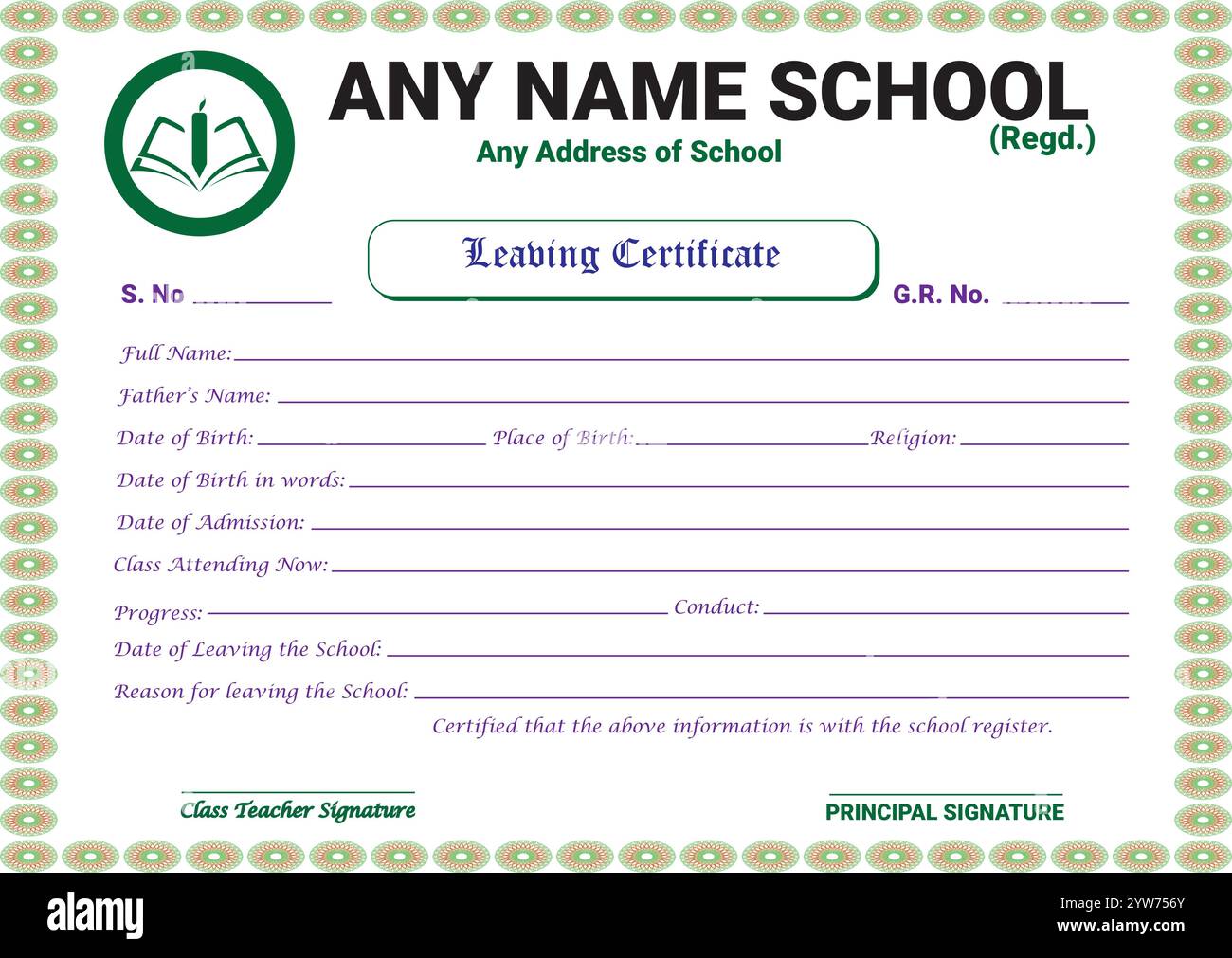 Any Name School Leaving Certificate Layout Template Stock Vector Image 