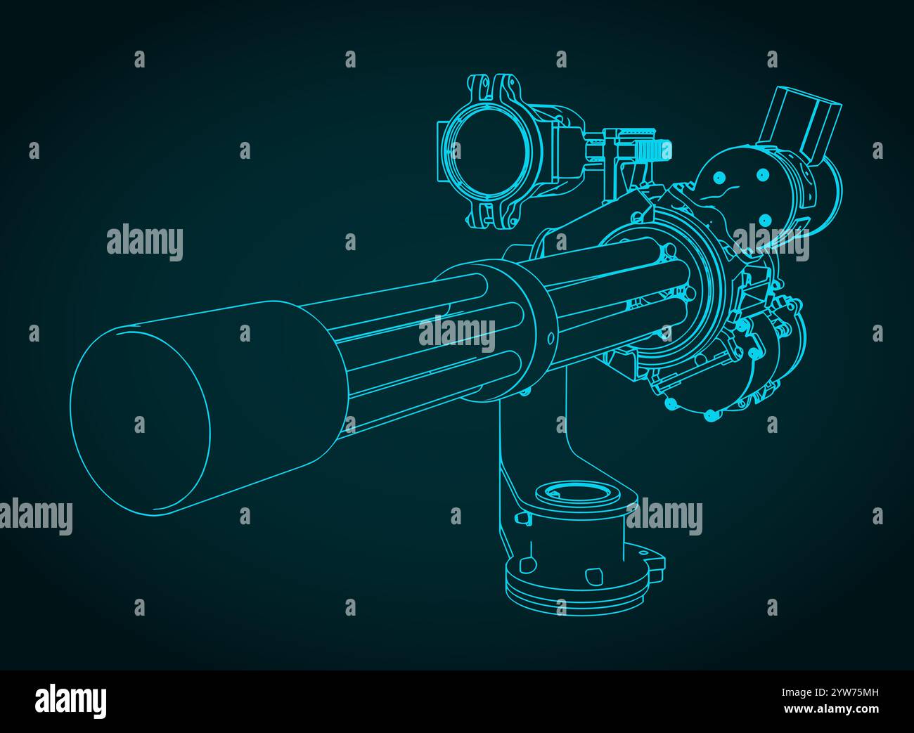 Stylized vector illustration of automatic turret with six-barrel rotary machine gun Stock Vector