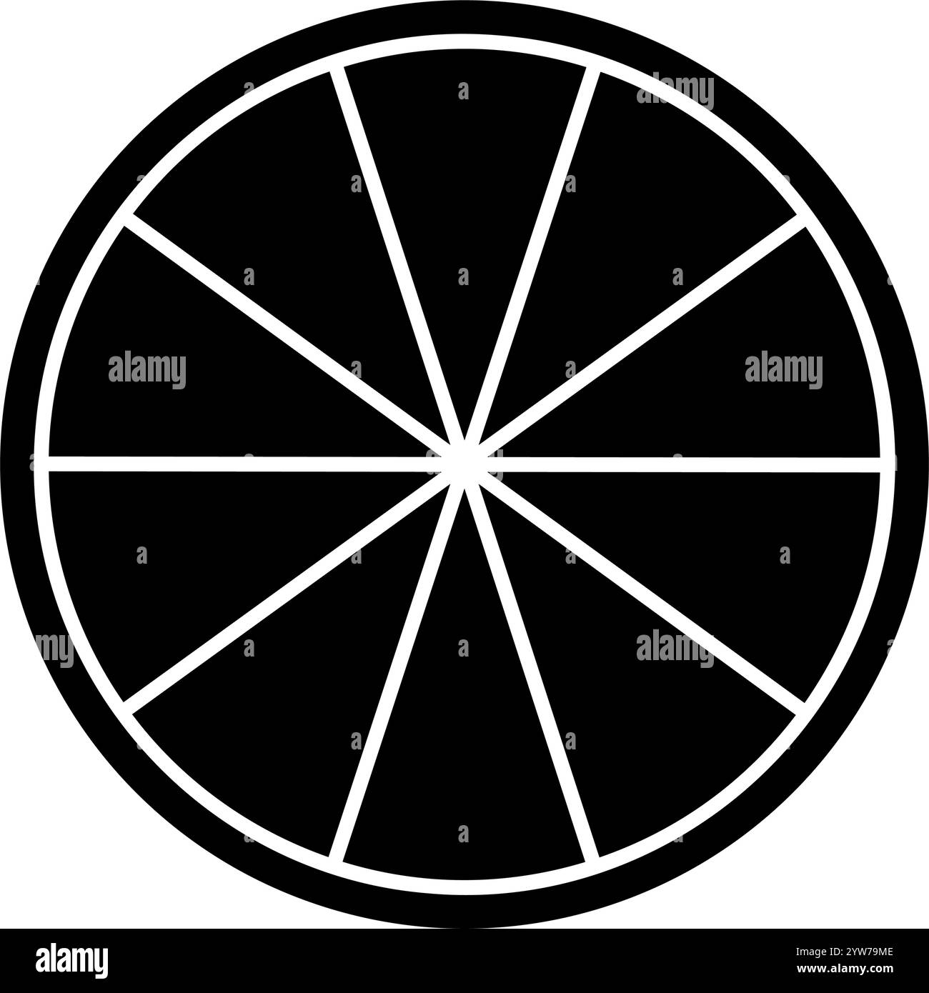 Black circle divided into 10 parts isolated on white background. Round shape cut in ten equal segments. Simple circular diagram, statistic wheel, business chart. Vector graphic illustration. Stock Vector