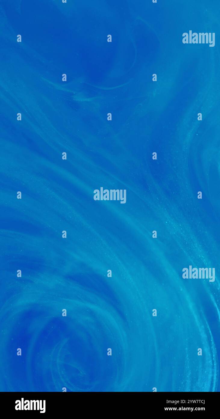 Sparkling painting. Glitter blinking. Defocused bright blue splashes ink mist smoke cloud moving on abstract modern art background. Stock Photo
