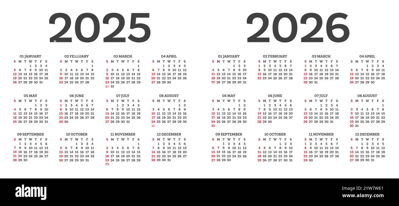 Calendar template 2025 2026 isolated on white background. Week starts