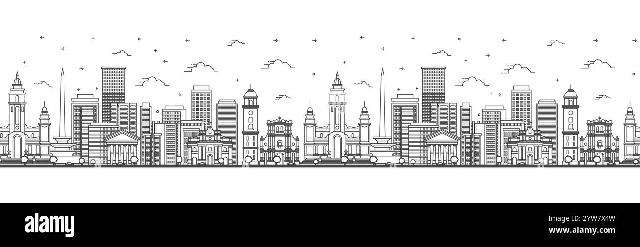 Seamless pattern with Outline Caracas Venezuela City Skyline with Modern and Historic Buildings Isolated on White. Vector Illustration. Stock Vector