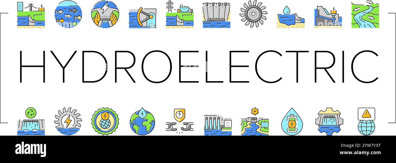 hydroelectric power plant energy icons set vector Stock Vector Image ...