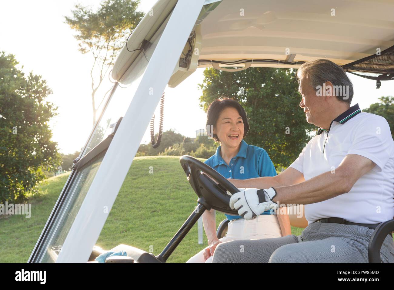Senior couple in golf car Stock Photo