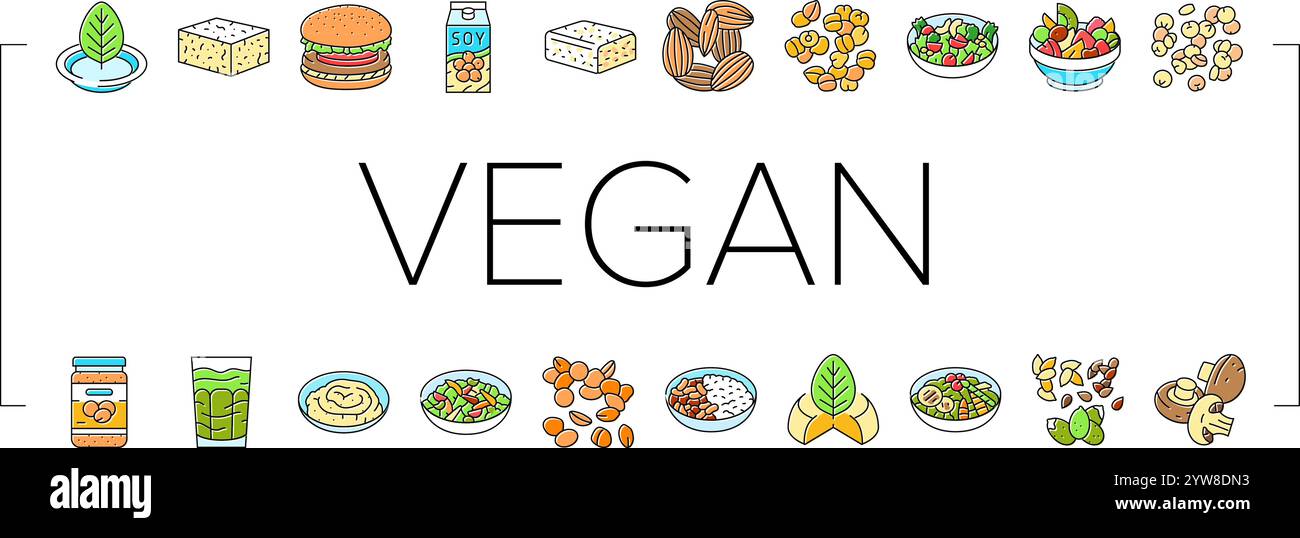 vegan food fresh organic icons set vector Stock Vector Image & Art - Alamy