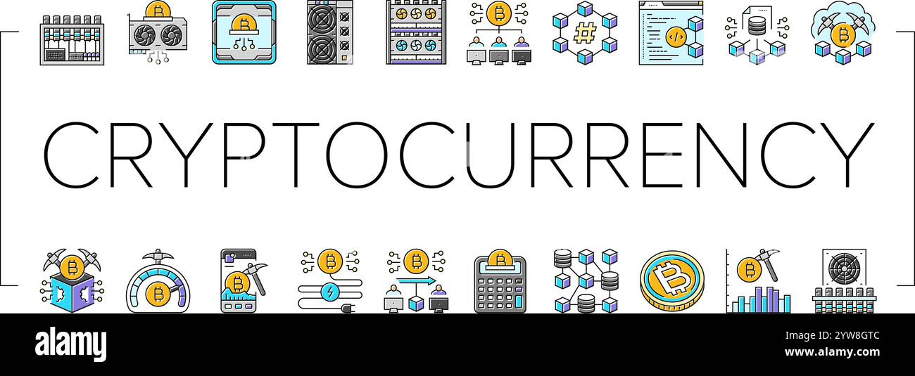 Cryptocurrency mining wallet icons set vector blockchain hashrate hi ...