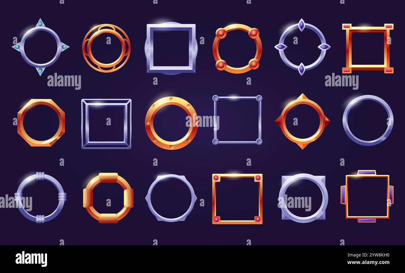 Avatars frames set. Gold silver frame, round square metal game assets. User interface elements for app or game, decorative nowaday vector kit Stock Vector