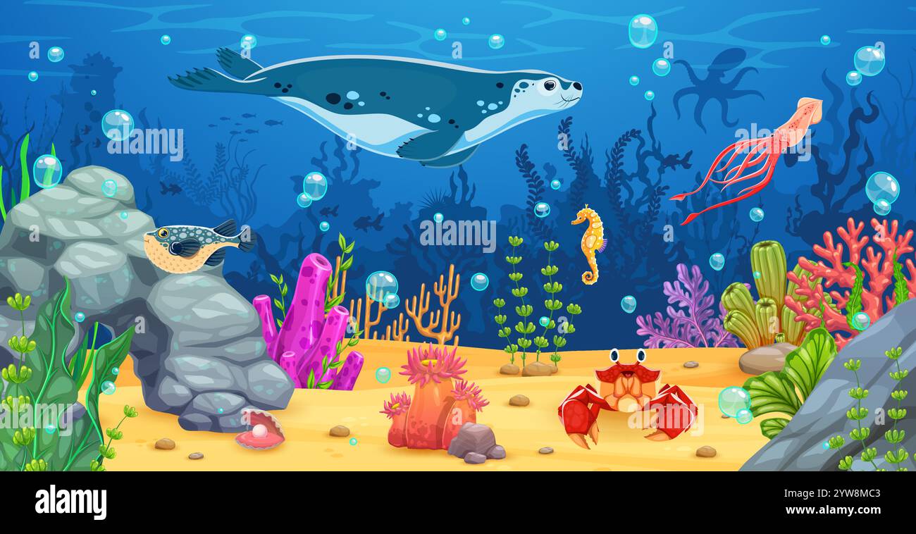 Cartoon underwater landscape with sea animals for game background ...