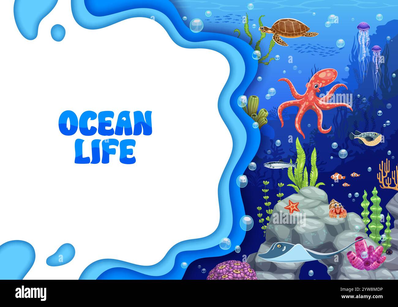 Ocean life paper cut banner with underwater landscape and sea animals ...