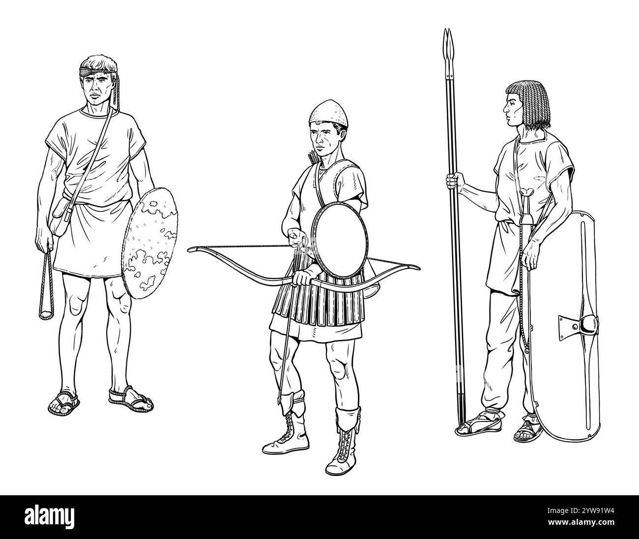 Historical drawing with ancient warriors: archer, slinger and soldier with spear. Stock Photo