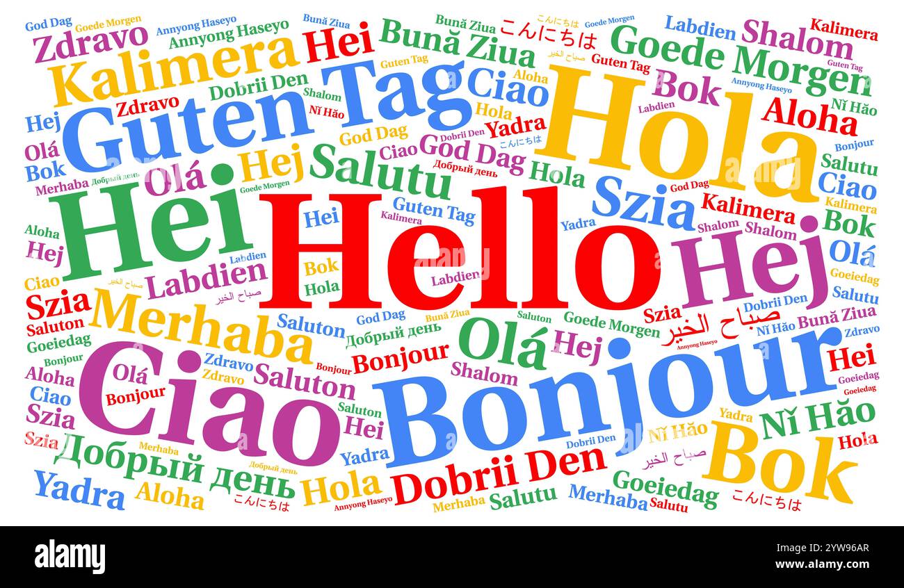 Hello in different languages word cloud Stock Photo - Alamy