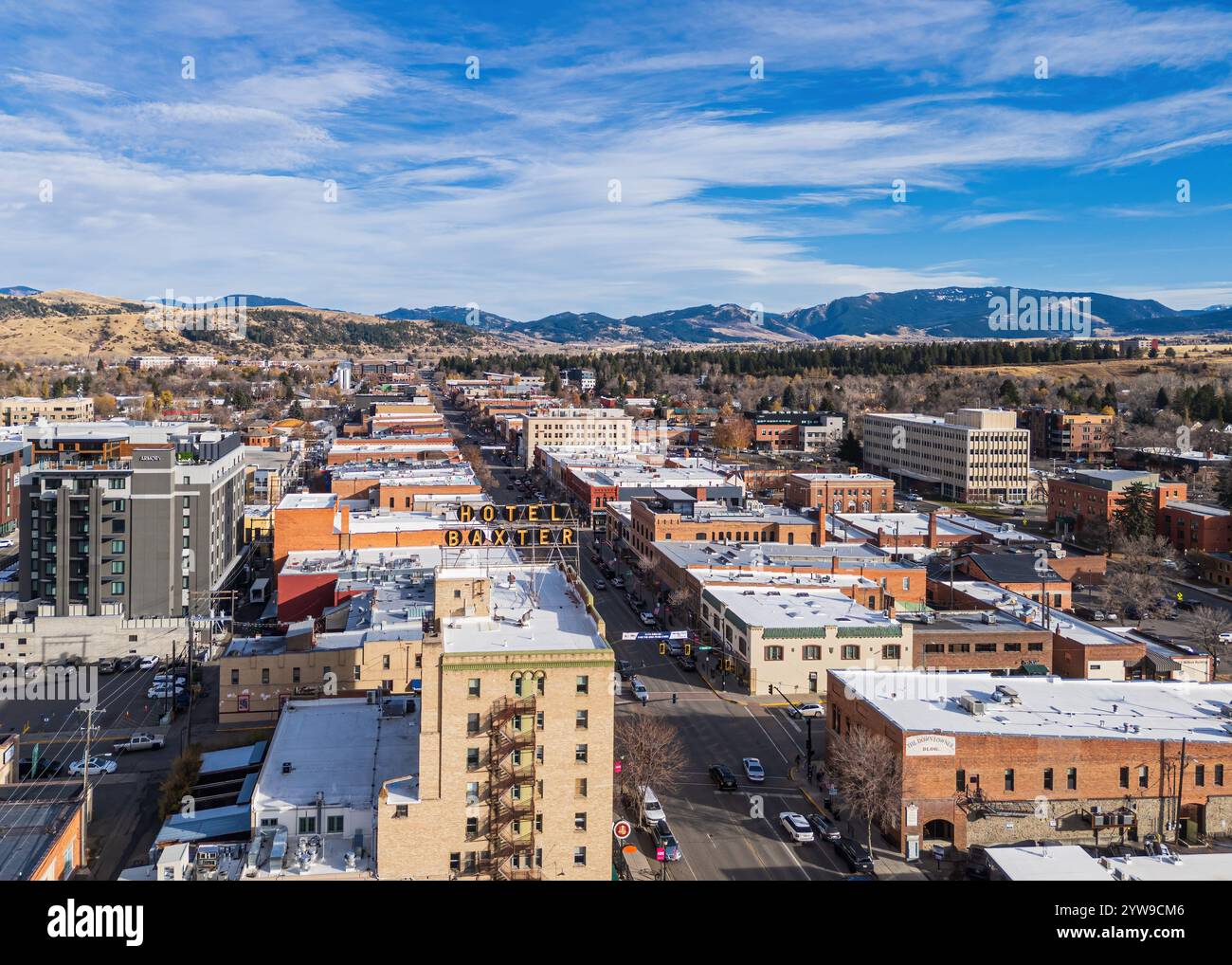 BOZEMAN MT NOVEMBER 11 2024: Aerial View of Downtown Bozeman