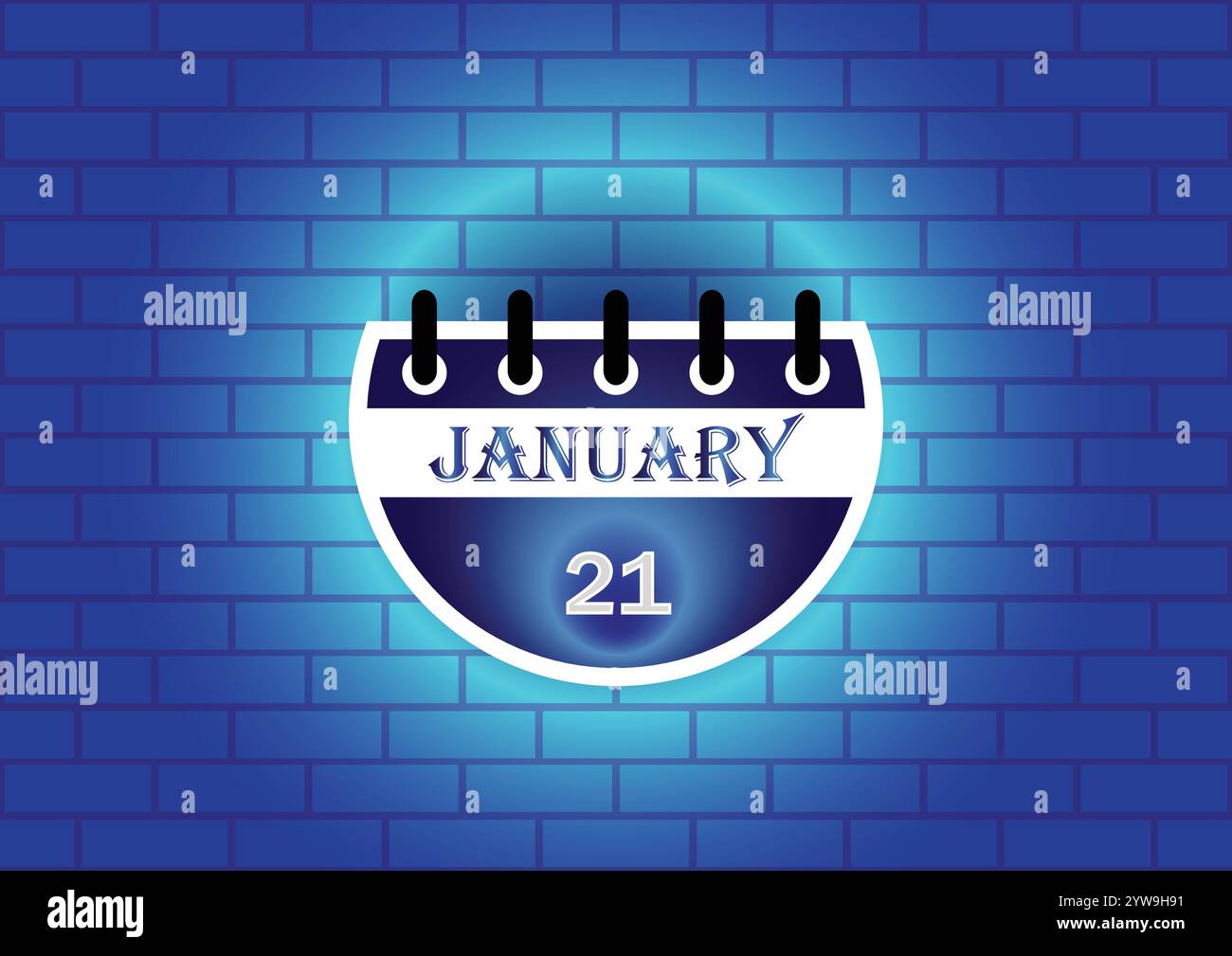 January 21 calendar sign on blue neon brick wall background. Flat ...