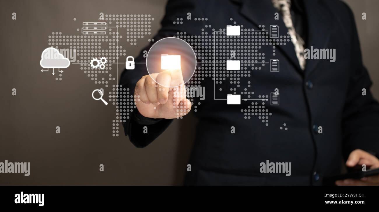 Online documentation database and process automation to efficiently manage files. Man point at document virtual screen. Digital asset management, Work Stock Photo