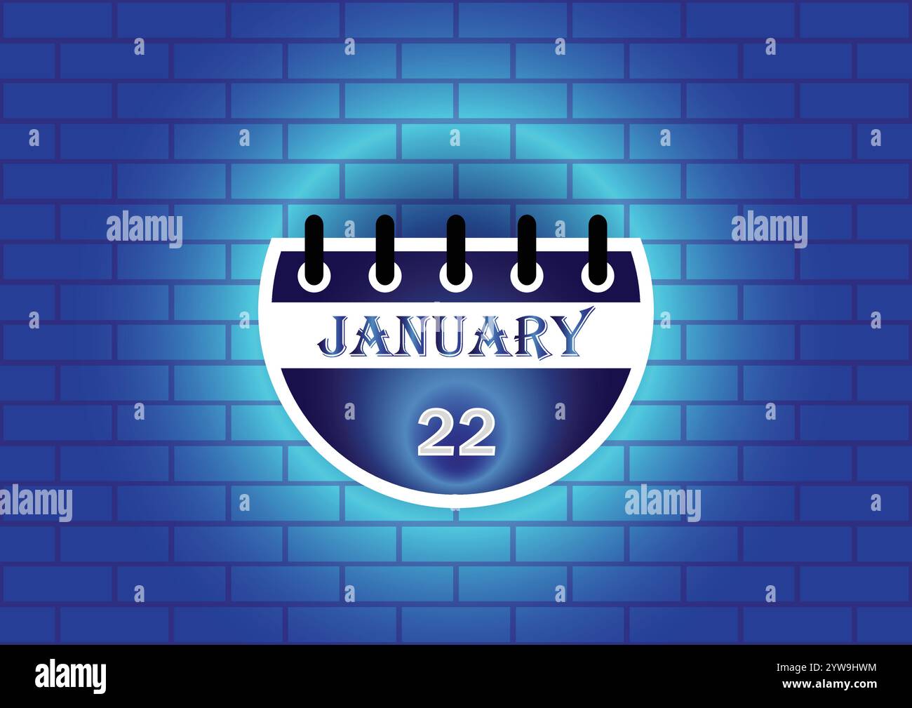 January 22 calendar sign on blue neon brick wall background. Flat ...