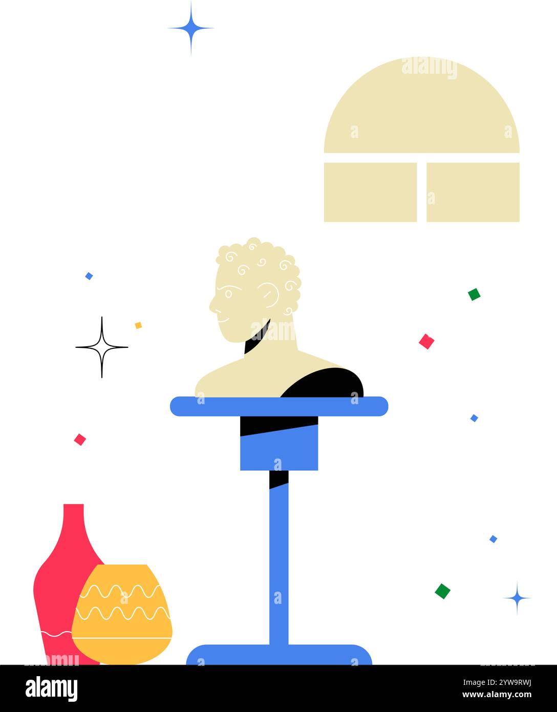 Bust On Pedestal With Decorative Vases In Flat Vector Illustration ...