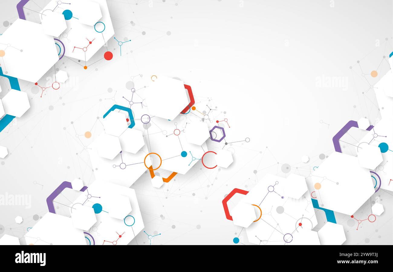 Scientific fbstract background. White hexagons with a plexus effect and circles connected by lines. Hand drawn vector. Stock Vector