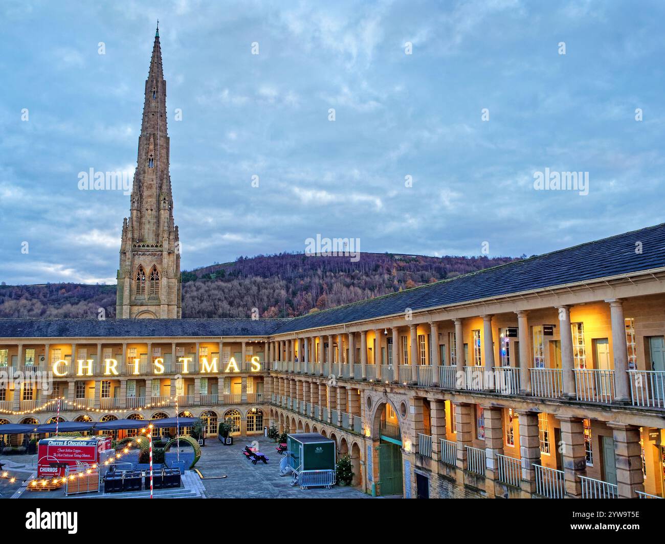 UK, West Yorkshire, Halifax, Piece Hall and the Square Chapel. Stock Photo