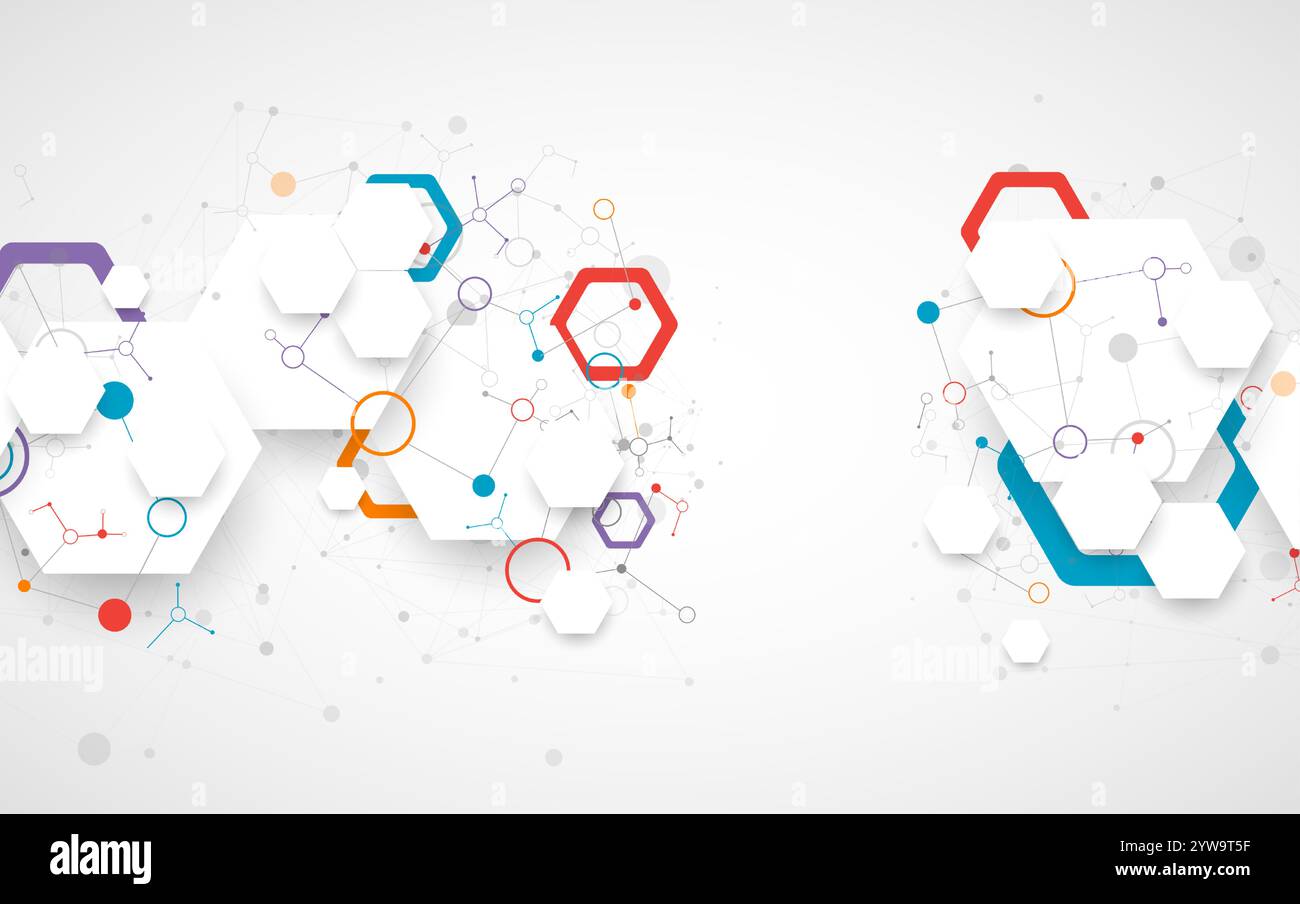 Scientific fbstract background. White hexagons with a plexus effect and circles connected by lines. Hand drawn vector. Stock Vector