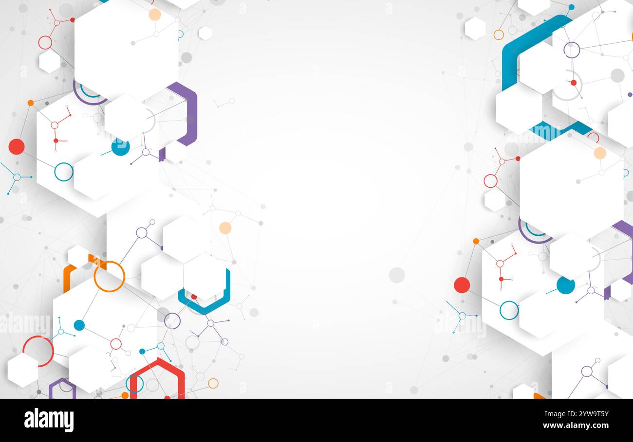 Scientific fbstract background. White hexagons with a plexus effect and circles connected by lines. Hand drawn vector. Stock Vector