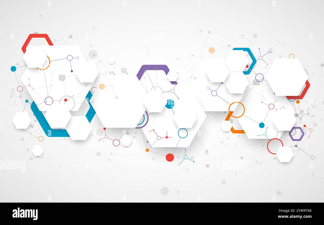 Scientific fbstract background. White hexagons with a plexus effect and circles connected by lines. Hand drawn vector. Stock Vector