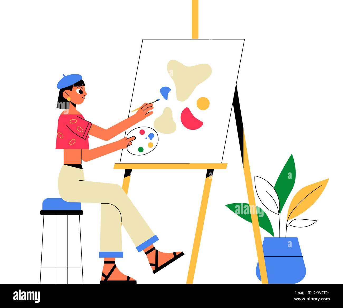 Female Artist Painting On Canvas In Flat Vector Illustration ...