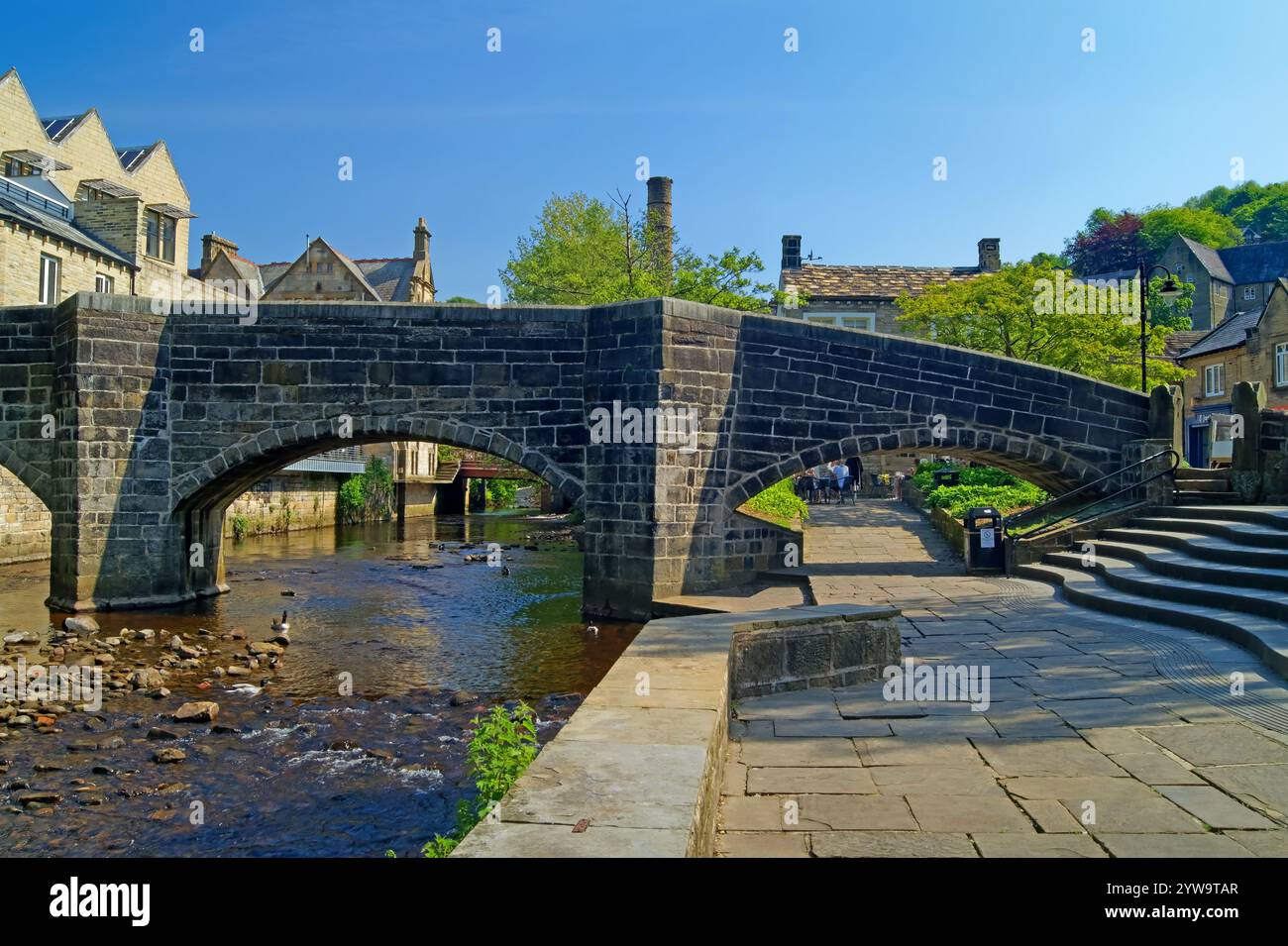 UK West Yorkshire Hebden Bridge Hebden Old Bridge Over Hebden Water UK West Yorkshire Hebden Bridge Hebden Old Bridge Over Hebden Water