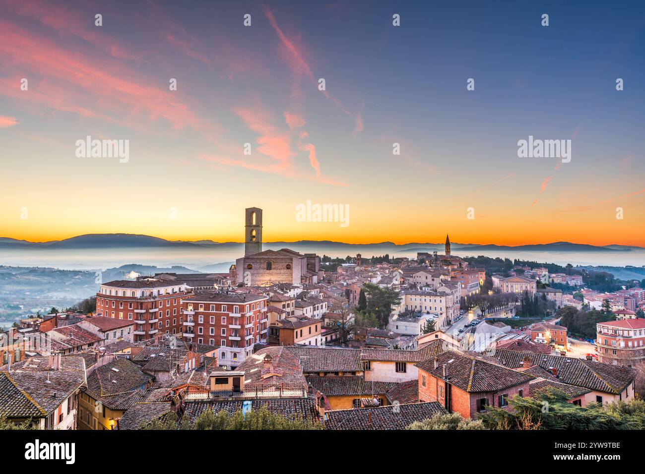 Perugia, Italy, the capital city of Umbria, at dawn. Stock Photo