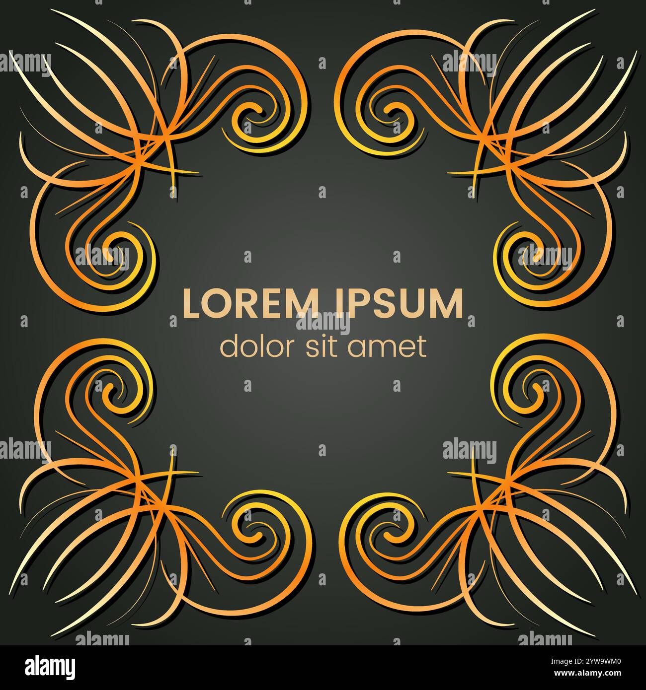 A square golden monogram element on a dark background. Vector illustration. Stock Vector
