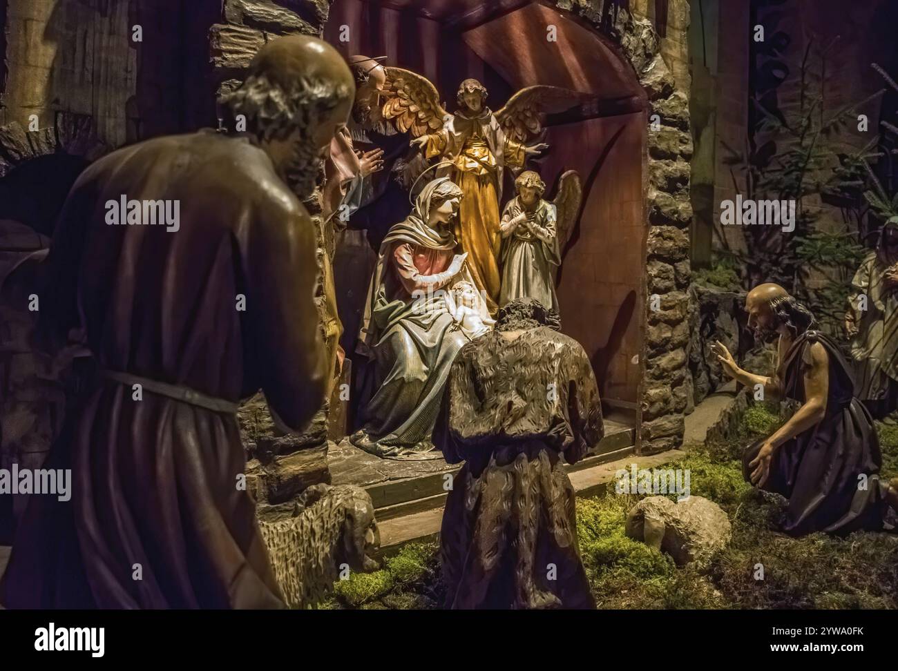 Traditional Christmas nativity scene with beautiful figures made out of ...